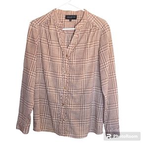 Jones New York Lightweight Brown Plaid Blouse Shirt Size 10 EUC